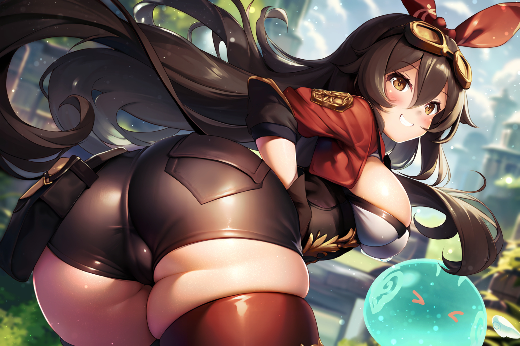 amber (genshin impact), ass, ass focus, blush, breasts, brown eyes, brown hair, cameltoe, denim, denim shorts, female, from behind, genshin impact, goggles, goggles on head, grin, hair ribbon, hairband, huge ass, leaning, leaning forward, long hair, looking at viewer, medium breasts, monster, pussy, shiny, shiny clothes, shiny hair, shiny skin, shinya natsuki, short shorts, shorts, sideboob, slime (genshin impact), smile, thick thighs, thighhighs, very long hair