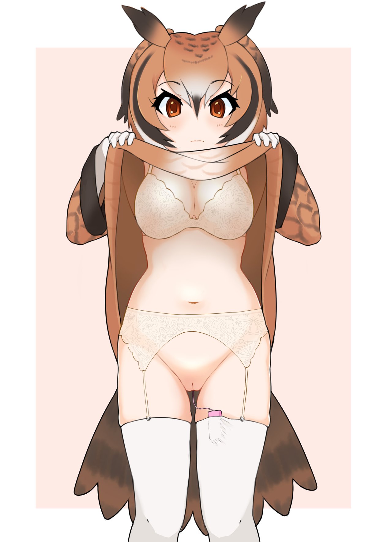 bird_tail black_hair blush bra breasts brown_background brown_eyes brown_hair brown_sweater cleavage clothes_lift eurasian_eagle_owl_(kemono_friends) female female_masturbation garter_belt gloves highres kemono_friends light_frown looking_at_viewer masturbation medium_breasts multicolored_hair navel no_panties ollie_(ollie_stratos) owl_ears owl_girl owl_tail pussy sex_toy short_hair simple_background solo straight-on streaked_hair sweater sweater_lift tail thighhighs uncensored underwear vibrator vibrator_in_thighhighs white_bra white_gloves white_hair white_thighhighs