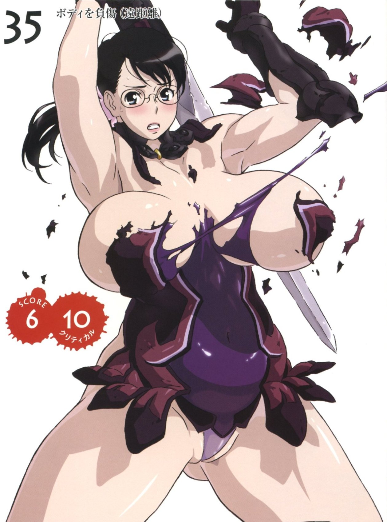 00s armpits breasts breasts_apart cattleya cleft_of_venus clenched_teeth cowboy_shot exploding_clothes female glasses highres huge_breasts kaneko_hiraku leotard looking_at_viewer mature_female milf mother no_bra official_art panties partially_visible_vulva plump ponytail pussy queen's_blade sideboob simple_background solo standing sword teeth torn_clothes uncensored underboob underwear weapon wedgie white_background