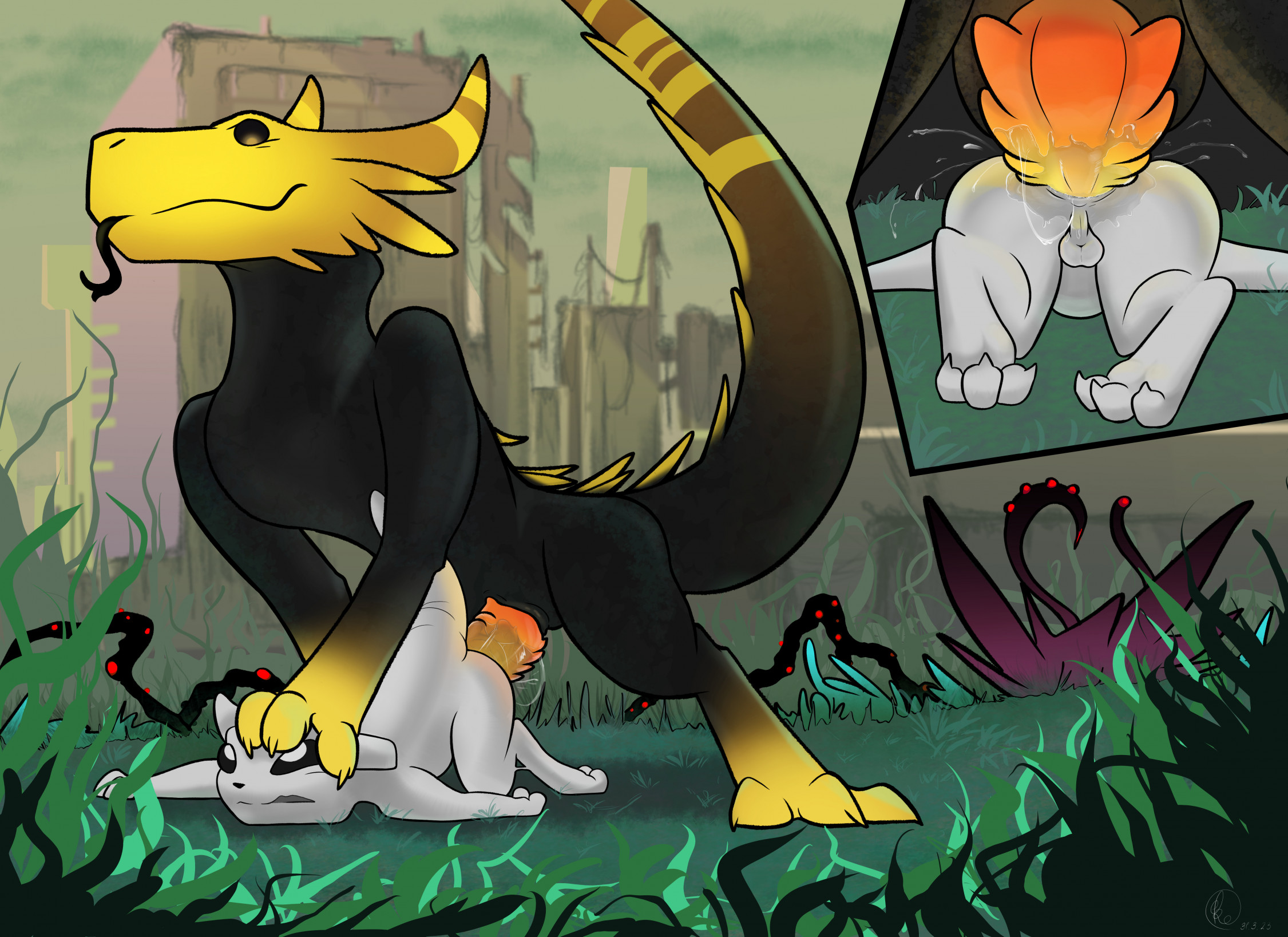 anal, anal sex, ass, ass up, balls, big dom small sub, big penis, bodily fluids, claws, digitigrade, domination, duo, feral, forced, from behind, genital fluids, genitals, hand on head, interspecies, large insertion, lizard (rain world), male, male only, male/male, nude, on front, on ground, penetration, penis, penis size difference, pinned, predator/prey, questionable consent, rain world, reetogoth, sex, size difference, slugcat, smaller penetrated, survivor (rain world), tail, thick tail, tight fit, yellow lizard (rain world)