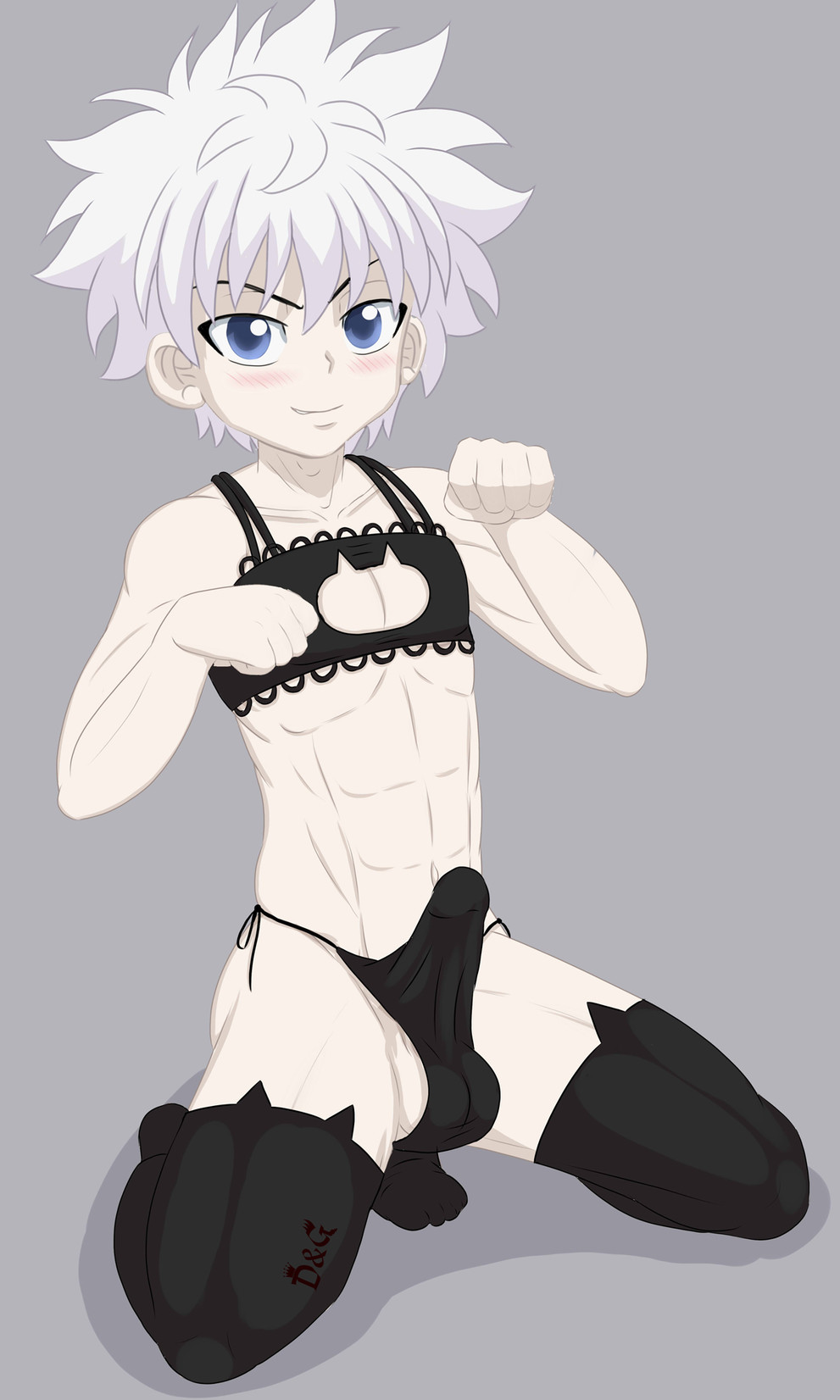 1boy blush bulge crossdressing dgemporium erection erection_under_clothes hunter_x_hunter killua_zoldyck lingerie male male_only solo solo_male tenting thighhighs white_hair