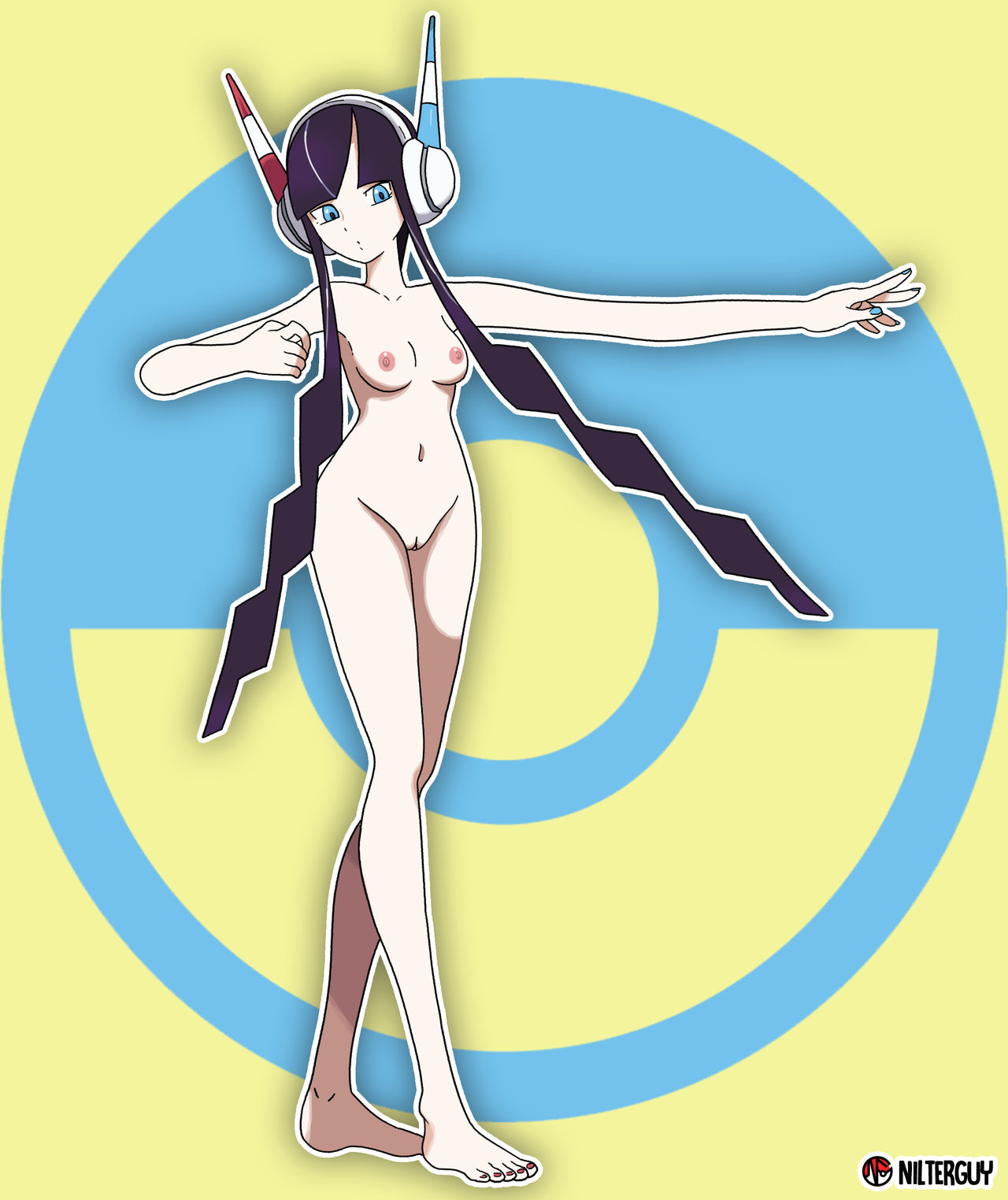 1girls, abstract background, accurate art style, barefoot, black hair, blue eyes, breasts, casual, casual nudity, edit, elesa (pokemon bw2), elesa (pokemon), feet, female, female only, headgear, headwear, human, long hair, model, naked, nintendo, nipples, nonsexual, nonsexual nudity, nude, nude filter, nudefilterguy, nudist, official artwork edit, pageantry, pale skin, pokemon, pokemon bw2, pokemon trainer, pussy, shaved pussy, solo, supermodel, toes