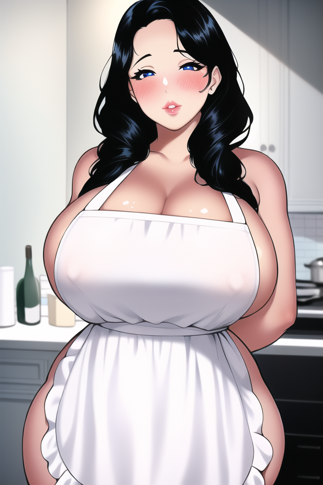 1girls ai_generated apron arms_behind_back bare_shoulders black_hair blue_eyes blush breasts cleavage counter covered_nipples curvy drawer frills hands_behind_back huge_breasts indoors kitchen lips long_hair looking_at_viewer milf naked_apron novelai original parted_lips shiny_skin smile solo stable_diffusion standing stove thick_lips thick_thighs thighs voluptuous white_apron wine_bottle