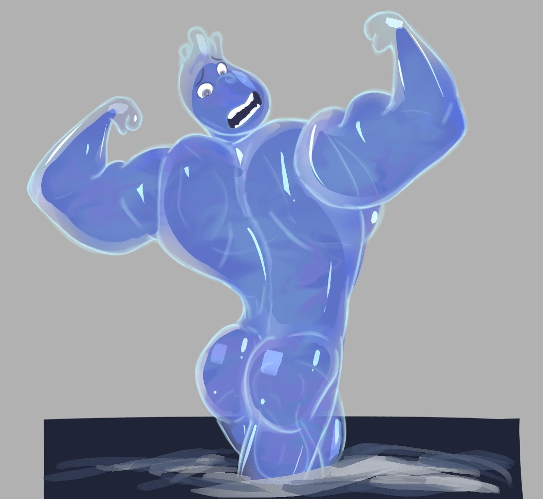 1boy anthro ass balls bara big_penis bottomless bubble_butt disney elemental elemental_(pixar) elemental_creature elemental_humanoid flexing flexing_arms flexing_bicep gay genitals humanoid humanoid_genitalia humanoid_penis male male_focus male_only muscular muscular_male nervous pecs penis pixar round_ass solo solo_male stickyfroge translucent translucent_body wade_ripple water water_creature