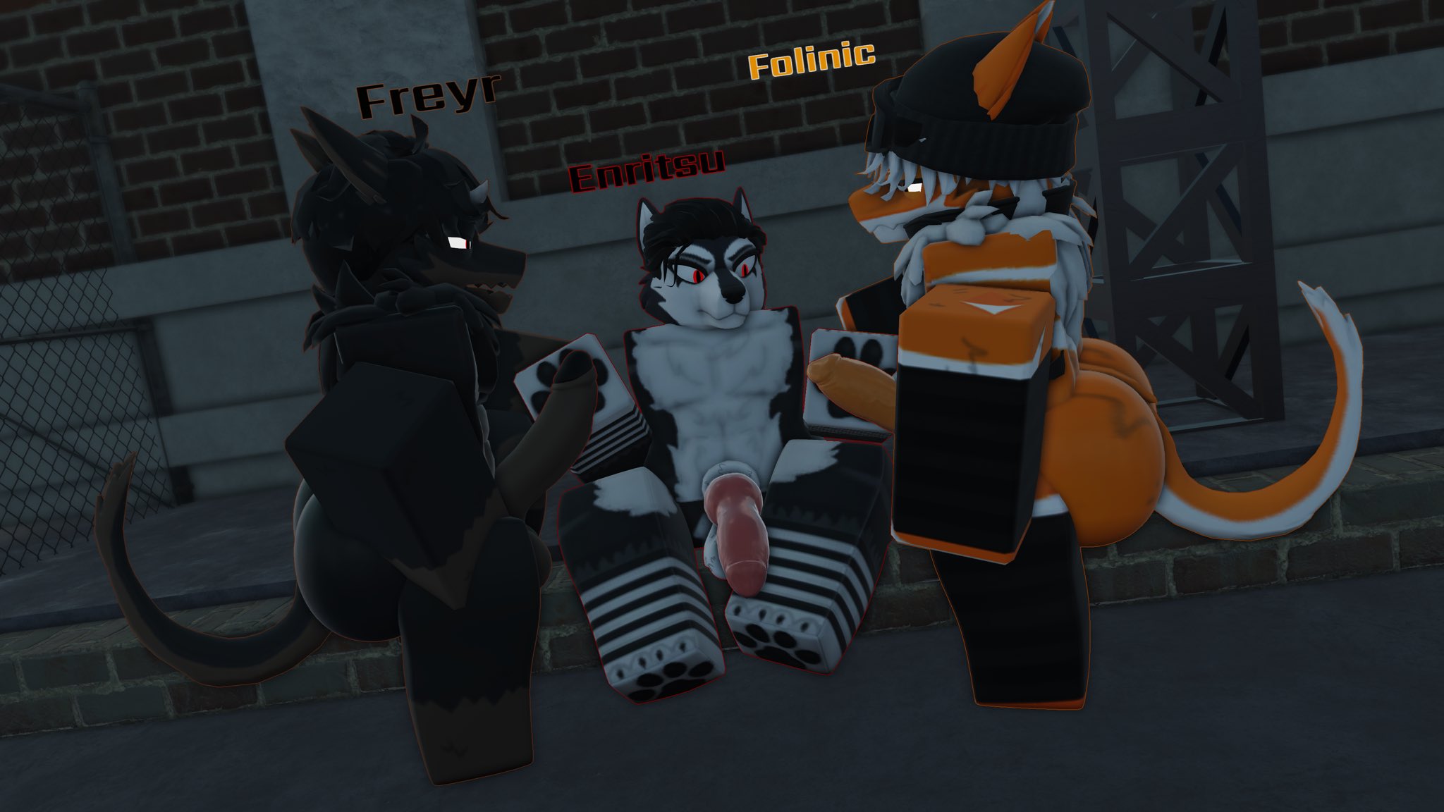 3boys, 3d, alley, dateadilf cult, enritsu (dateadilf cult), folinic (dateadilf cult), freyr (dateadilf cult), furred dragon, furry, gay, jerking, knotted penis, male, male only, masturbation, penis, roblox, robloxian, tagme, wolf