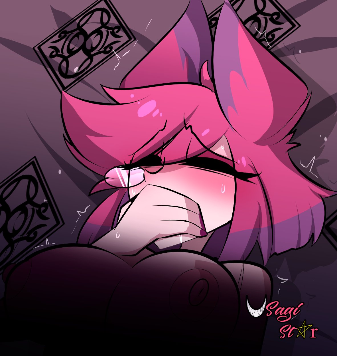 1girls, alastor (hazbin hotel), big breasts, blush, blushing, breasts, censored, censored breasts, closed eyes, covering mouth, deer, deer ears, deer girl, female, female alastor, hand on mouth, hazbin hotel, implied rape, implied sex, monocle, naked, naked female, pink body, pink hair, pink nails, pink nipples, pink skin, rule 63, short hair, tagme, usagi star, vivienne medrano, vivziepop, watermark