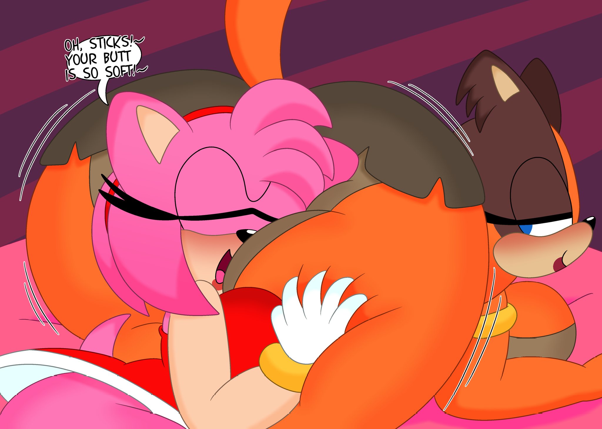 2girls, 3barts, amy rose, anthro, ass, big ass, big breasts, big butt, breasts, bubble ass, bubble butt, facesitting, female, female only, hand on ass, huge ass, huge butt, multiple females, multiple girls, sonic (series), sticks the badger, thick ass, thick butt, yuri