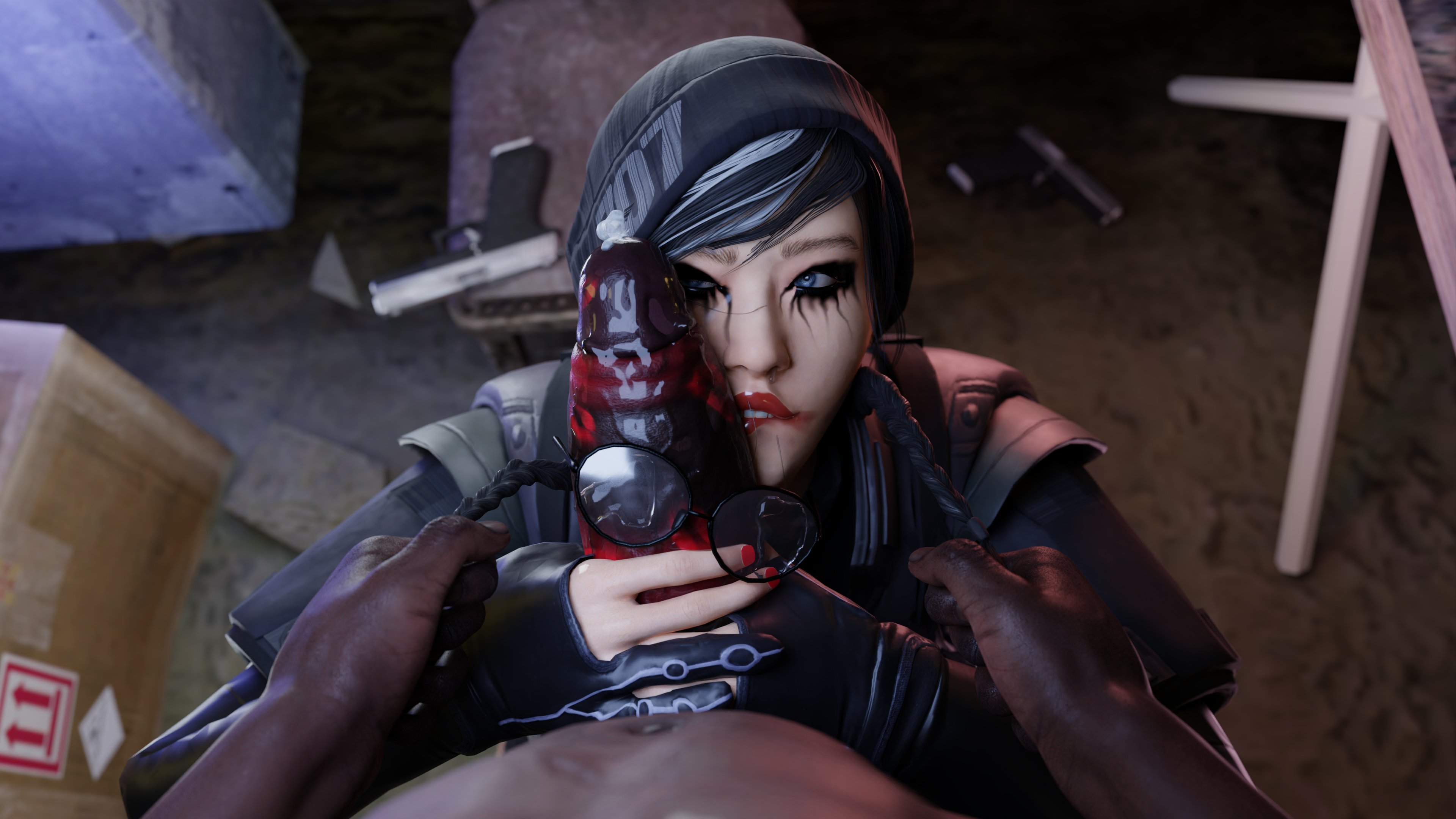 1boy, 1girls, 2023, 3d, 3d (artwork), after deepthroat, after fellatio, alternate version available, beanie, beanie hat, big penis, cfnm, clothed female nude male, cock worship, dark skin, dark-skinned male, dokkaebi (rainbow six), faceless male, fellatio, female, glasses, hi res, high resolution, highres, huge cock, implied deepthroat, implied fellatio, implied oral, interracial, large penis, lipstick, lipstick mark, lipstick on penis, male, male pov, male/female, mascara, on knees, oral, oral sex, penis, penis on face, pov, rainbow six, rainbow six siege, red lipstick, running mascara, thick penis, tom clancy, tscd rendering, worship