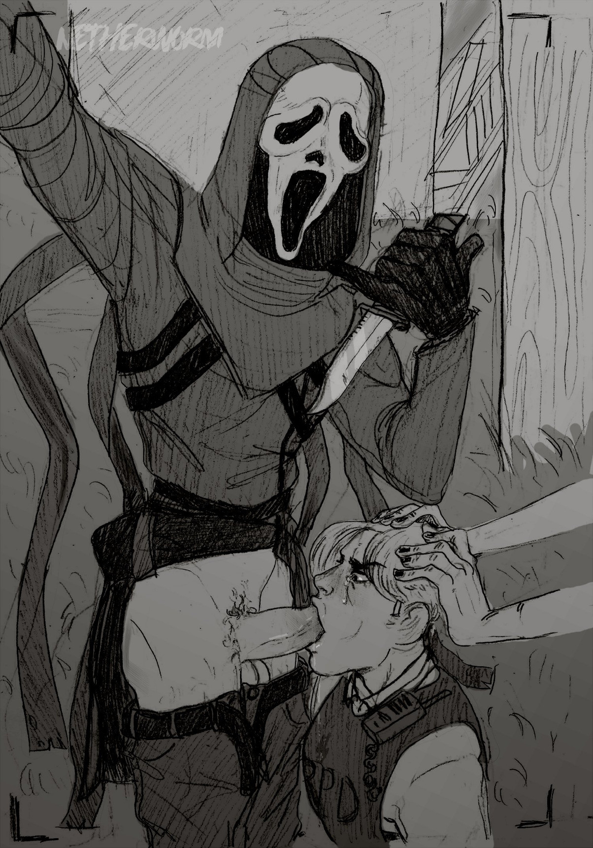 dead by daylight, gay, ghostface, leon scott kennedy, male, male only, netherworm, oral, penis, resident evil, tagme, yaoi
