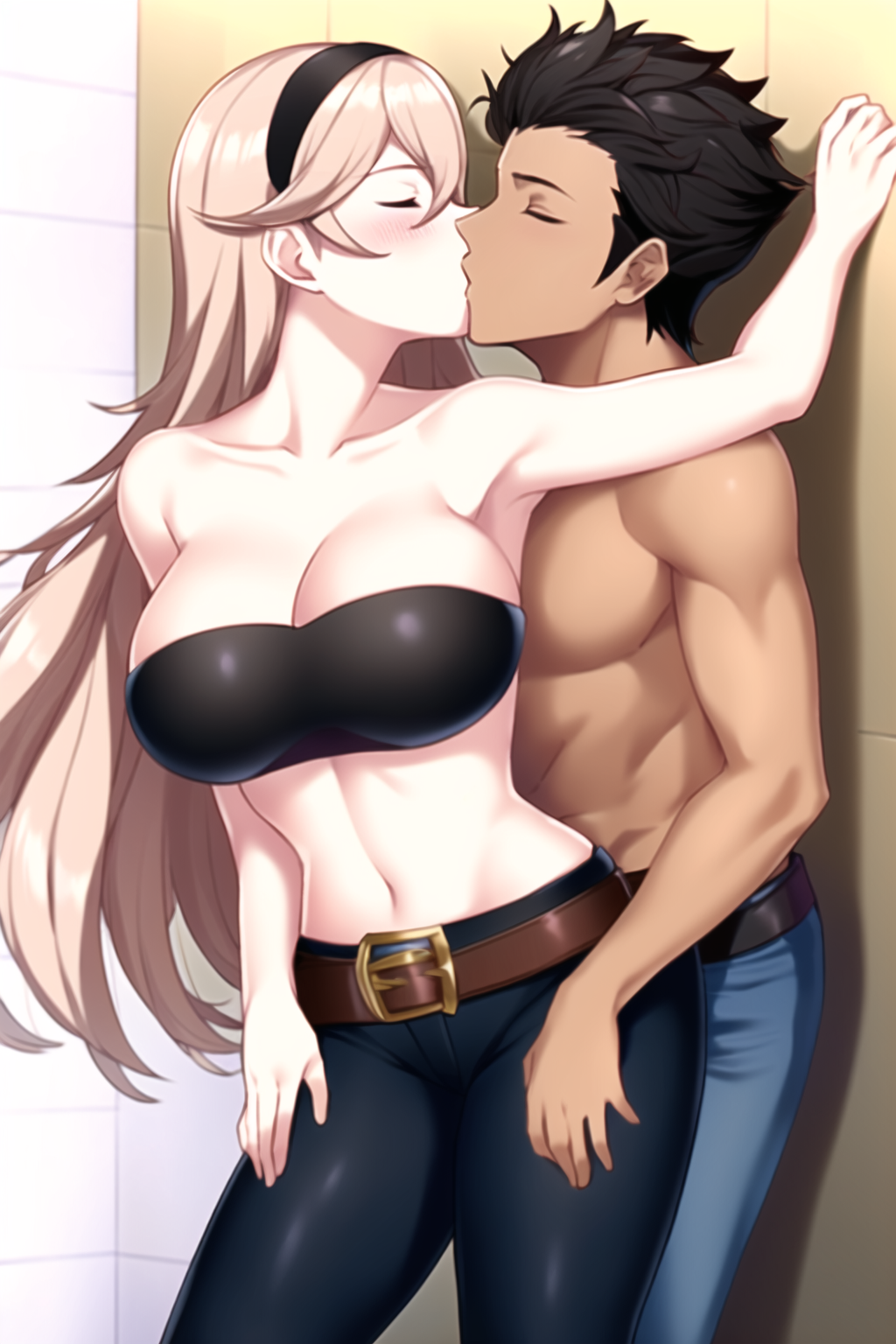 ai_generated alternate_breast_size belt big_breasts black_strapless breasts claude_von_riegan collarbone corrin_(fire_emblem) corrin_(fire_emblem)_(female) dark-skinned_male fire_emblem fire_emblem:_three_houses fire_emblem_fates hug hug_from_behind jeans kissing large_breasts midriff nai_diffusion nintendo stable_diffusion straight strapless toned_male topless topless_male wall