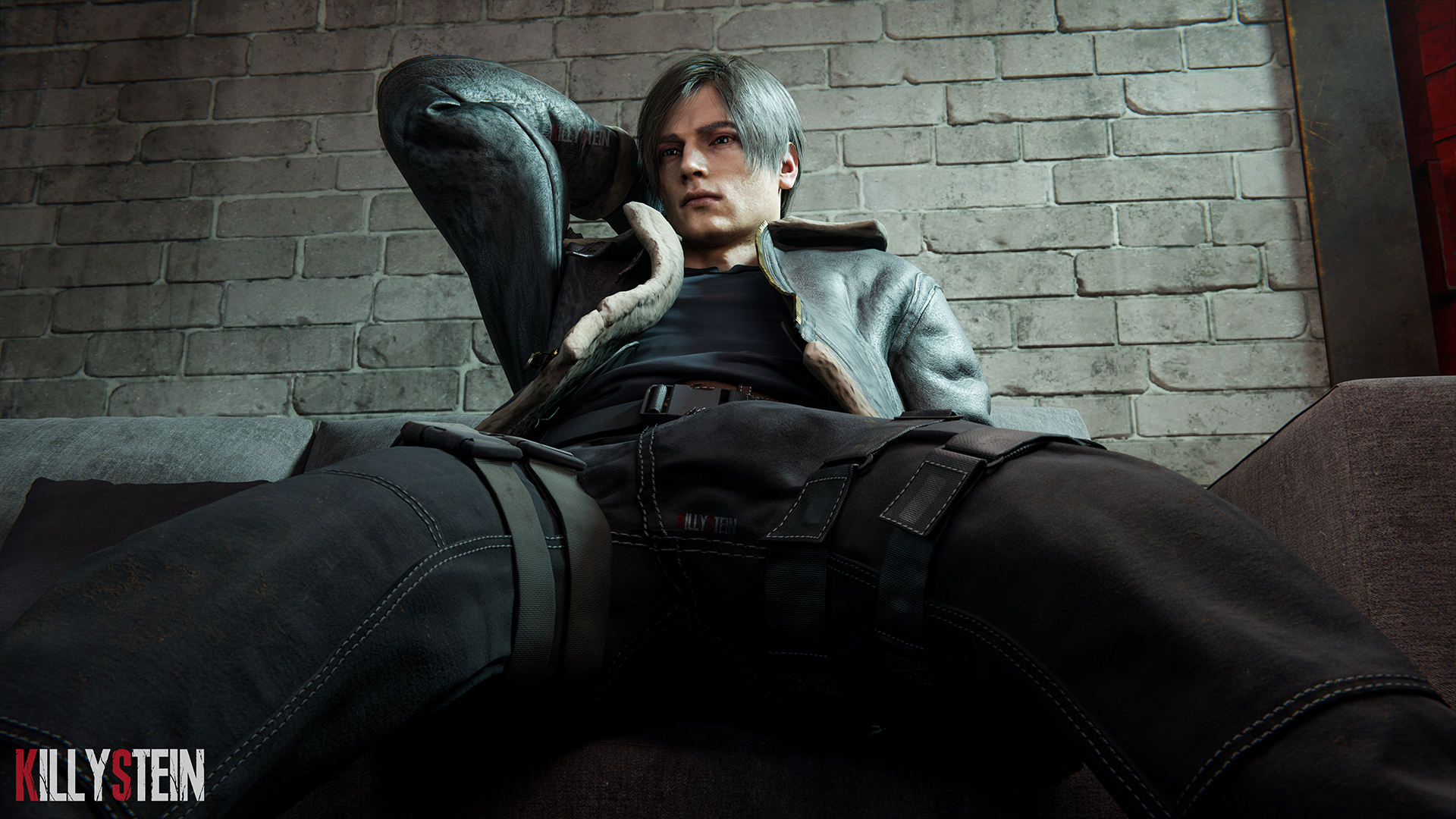 1boy, artist name, bulge through clothing, clothed, killystein, leon scott kennedy, male, male only, resident evil, solo male, text
