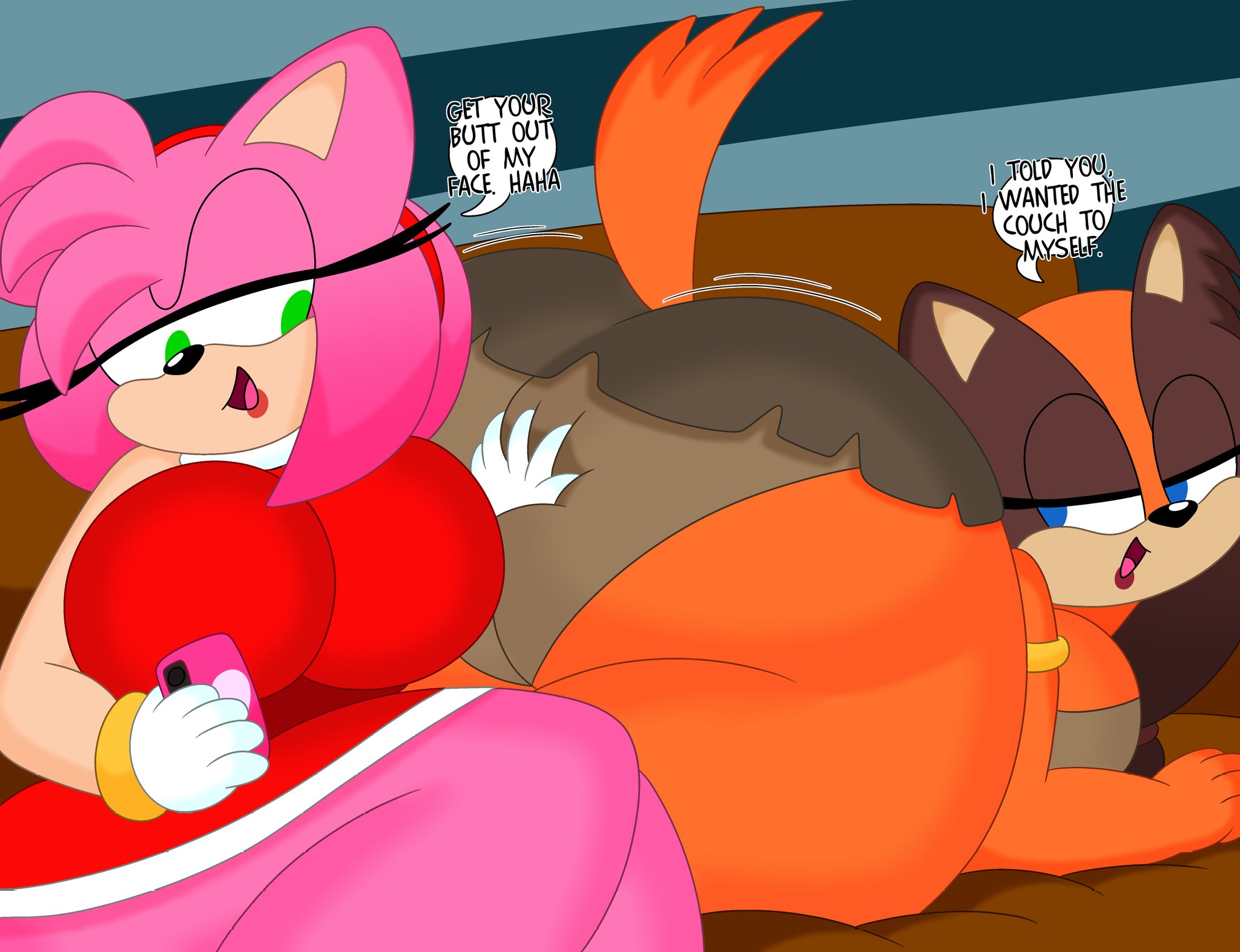 2girls, 3barts, amy rose, anthro, ass, big ass, big breasts, big butt, breasts, bubble ass, bubble butt, female, female only, hand on ass, huge ass, huge butt, multiple females, multiple girls, sonic (series), sticks the badger, thick ass, thick butt, yuri