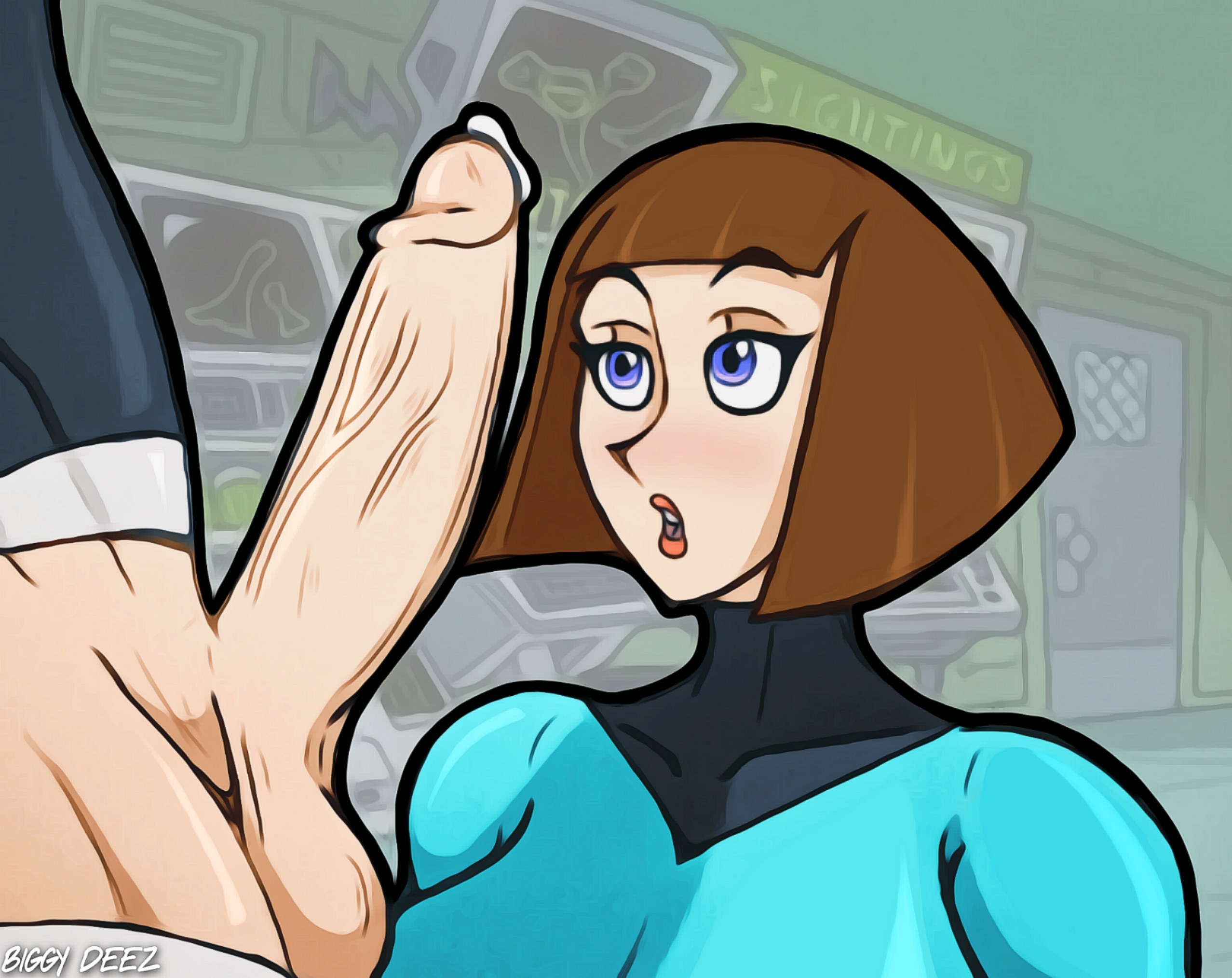 1boy, 1girls, balls, biggy deez, bodysuit, brown hair, clothing, danny fenton, danny phantom, female, imminent oral, imminent sex, looking at penis, madeline fenton, male, milf, mother, mother and son, nickelodeon, partial male, penis, penis awe, penis out, precum, purple eyes, son, white female