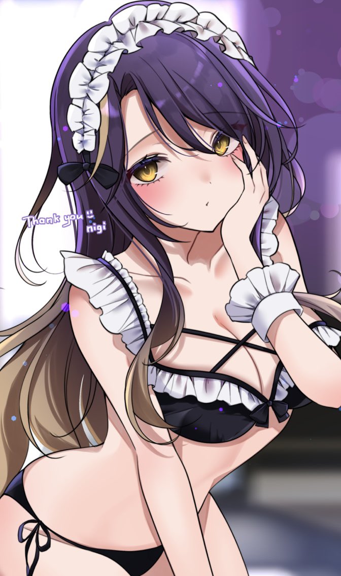 1girls artist_signature blush female female_only headdress indoors light-skinned_female light_skin looking_at_viewer lua_asuka maid_bikini maid_headdress ngmnoym_(nigi) production_kawaii purple_hair room solo two_tone_hair virtual_youtuber yellow_eyes yellow_hair