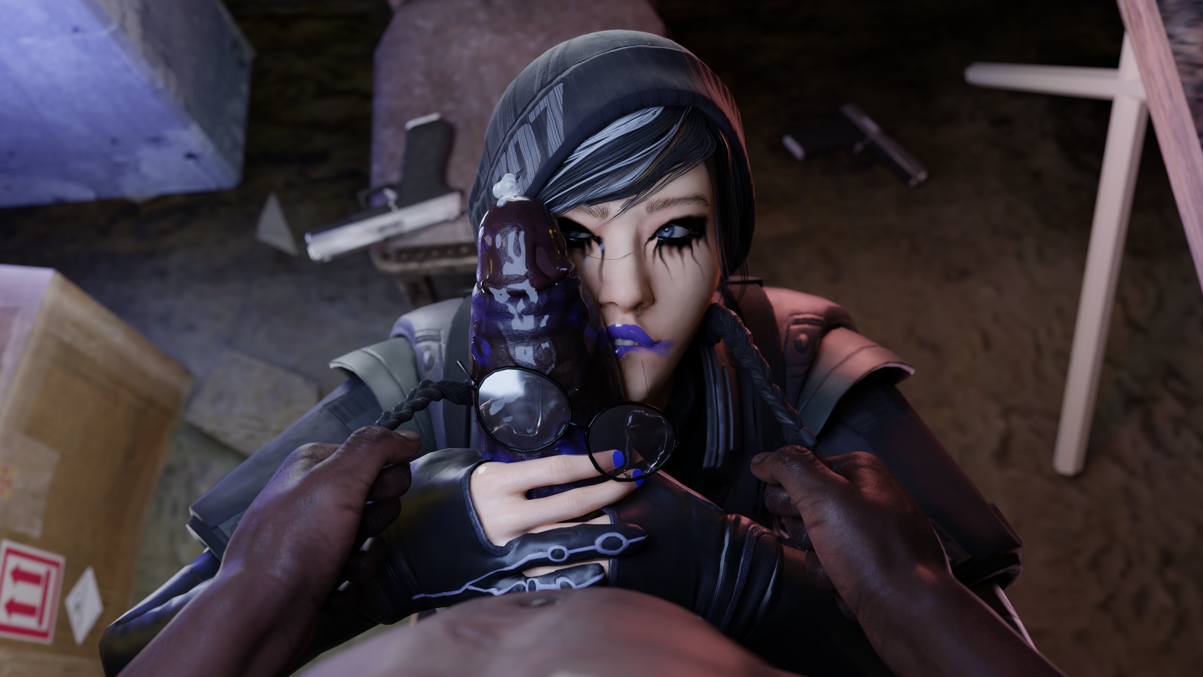 1boy, 1girls, 2023, 3d, 3d (artwork), after deepthroat, after fellatio, alternate version available, asian, asian female, beanie, beanie hat, big penis, cfnm, clothed female nude male, cock worship, dark skin, dark-skinned male, dokkaebi (rainbow six), faceless male, fellatio, female, glasses, hi res, high resolution, highres, huge cock, implied deepthroat, implied fellatio, implied oral, interracial, large penis, lipstick, lipstick mark, lipstick on penis, male, male pov, male/female, mascara, on knees, oral, oral sex, penis, penis on face, pov, purple lipstick, rainbow six, rainbow six siege, running mascara, thick penis, tom clancy, tscd rendering, worship