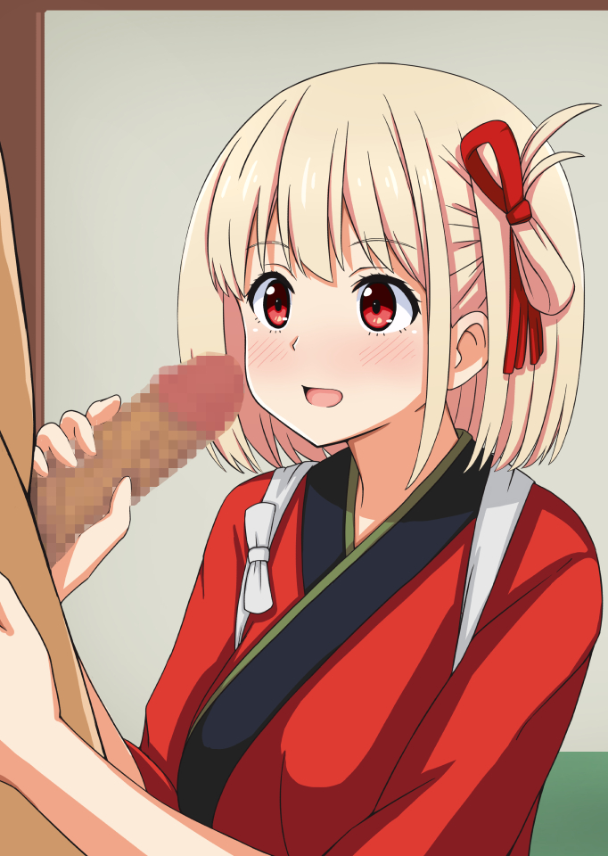 1boy blonde_hair blush bob_cut censored female hair_ribbon handjob japanese_clothes kimono lycoris_recoil mobmob nishikigi_chisato open_mouth penis_awe red_eyes red_kimono red_ribbon ribbon short_hair solo_focus straight upper_body waitress