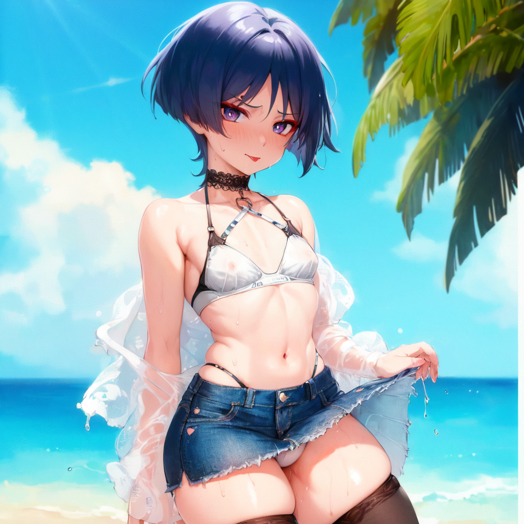 ai generated, beach, bikini, choker, denim skirt, femboy, ganyuishot7, genshin impact, lifted by self, looking at viewer, male, navel, otoko no ko, otokonoko, purple eyes, purple hair, scaramouche (genshin impact), short hair, sky, stable diffusion, tongue, tongue out