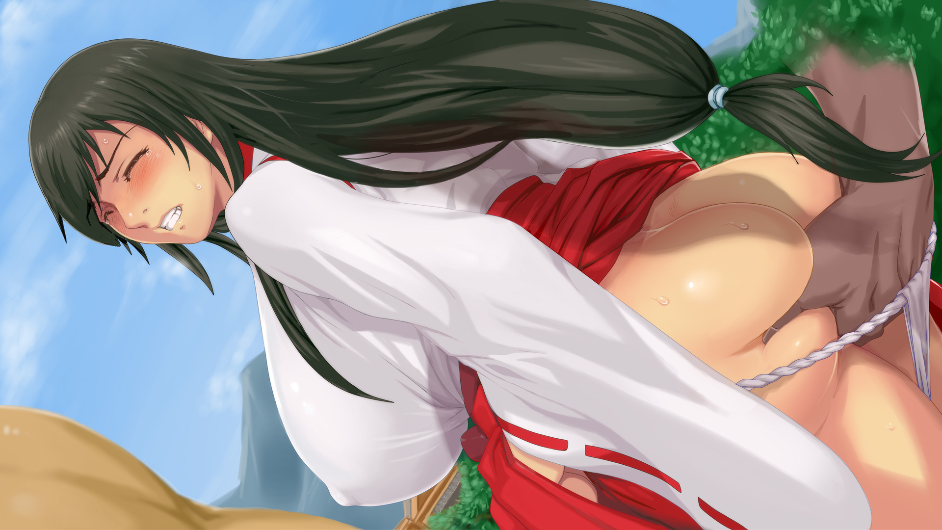 anal, ass, ass grab, big ass, big breasts, breasts, female, fingering, flushed face, gemuo, nagomi ikuranokami, satomori no miko daisanshou jijo "nagomi" kouhen, sweat