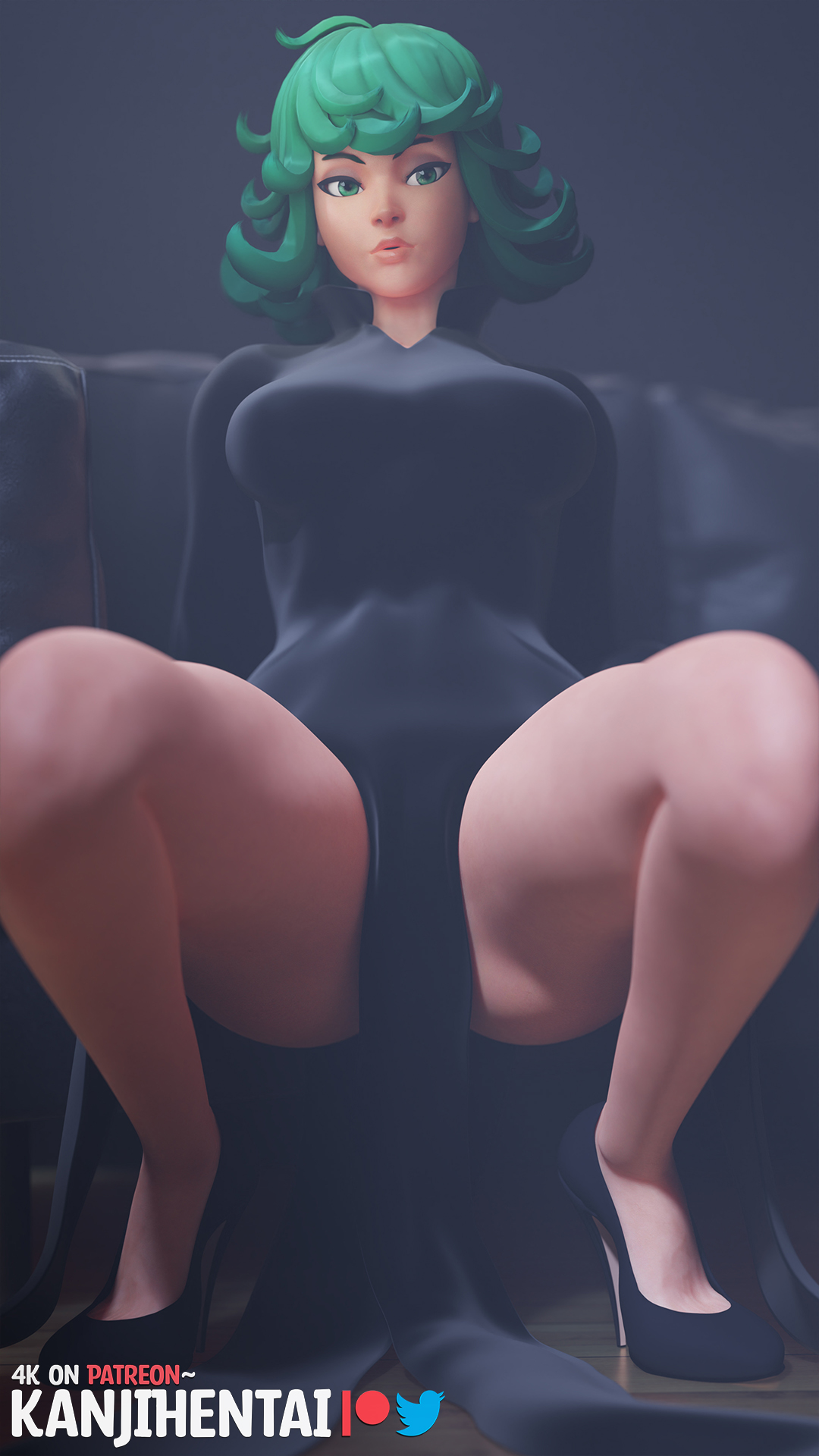 1girls, 3d, 3d (artwork), 3dx, clothed, cosplay, dress, female, green eyes, green hair, heels, kanjihentai, kiriko (overwatch), legs, looking at viewer, non-nude, one-punch man, overwatch, overwatch 2, solo, spread legs, tatsumaki (cosplay), terrible tornado kiriko, thighs