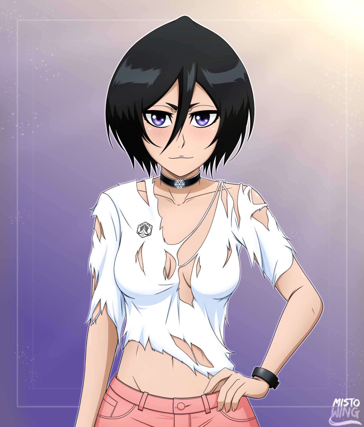 1girls, black choker, black hair, bleach, blue eyes, blush, breasts, choker, closed mouth, collarbone, female, female only, hand on own hip, highres, kuchiki rukia, looking at viewer, mistowing, navel, no bra, pants, petite, pink pants, shirt, short hair, small breasts, smile, solo, torn clothes, torn shirt, upper body, white shirt