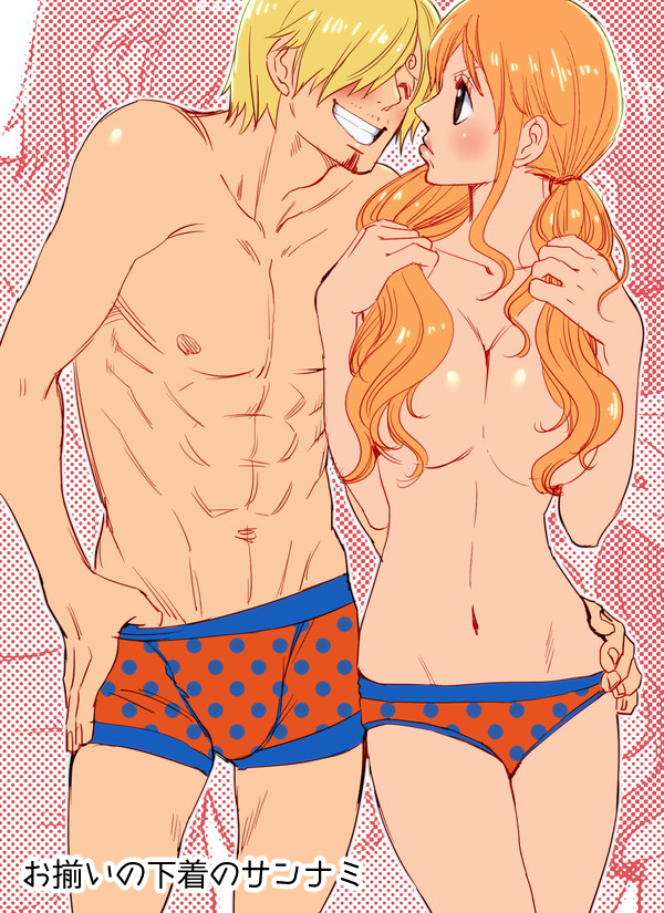 1boy 1girls big_breasts blonde_hair blush cleavage convenient_censoring facial_hair female goatee grin hair_censor hair_over_one_eye iga_guri long_hair looking_at_another male nami one_piece orange_hair panties polka_dot polka_dot_panties post-timeskip smile topless topless_female topless_male twintails underwear vinsmoke_sanji wavy_hair