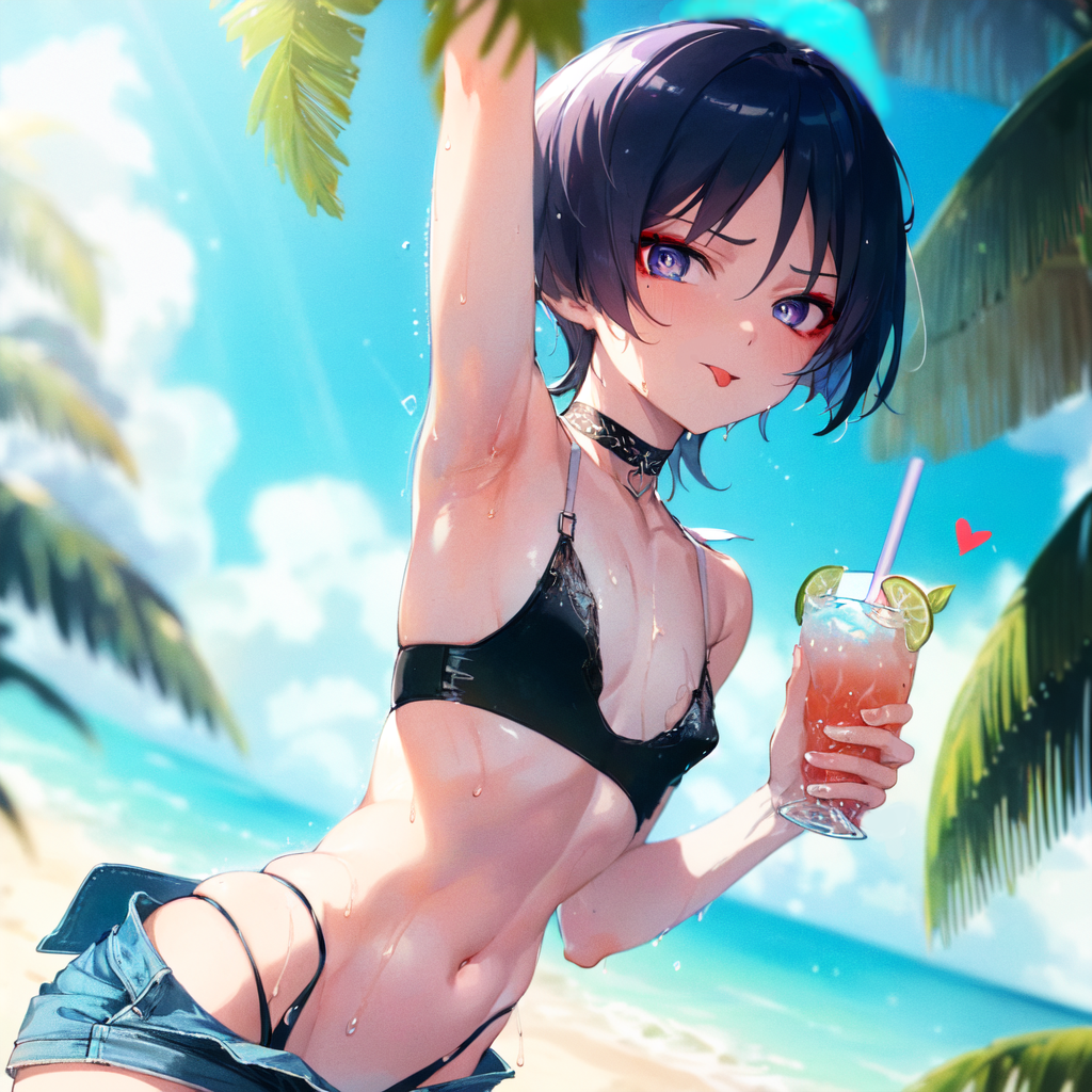 ai generated, arm up, armpit, beach, bikini, bikini top, choker, denim skirt, femboy, ganyuishot7, genshin impact, heart, holding, holding drink, looking at viewer, male, midriff, navel, otoko no ko, otokonoko, purple eyes, purple hair, scaramouche (genshin impact), short hair, sky, stable diffusion, sweat, sweatdrop