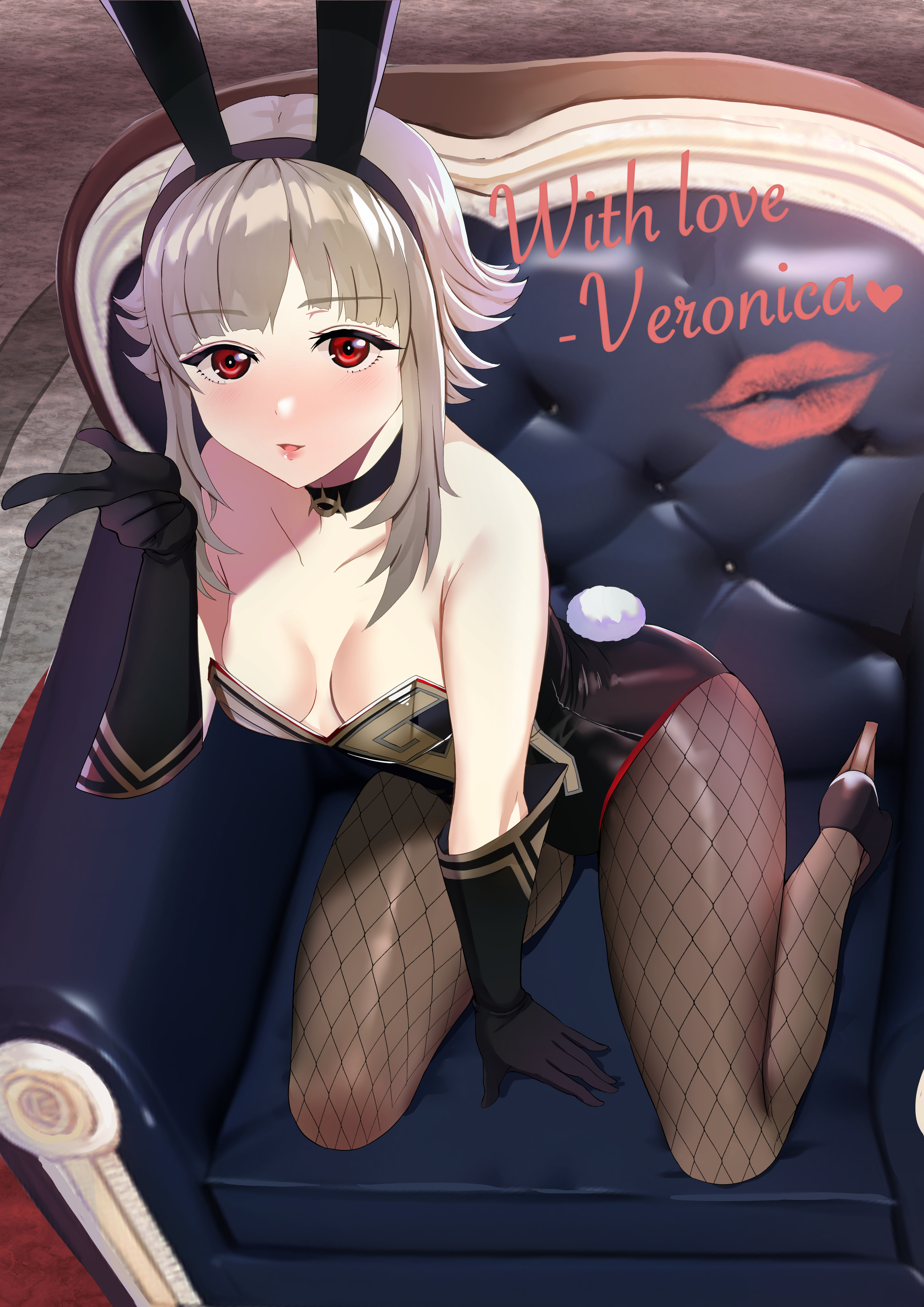 1girls, alternate costume, alternate hairstyle, animal ears, blowing kiss, blush, breasts, bunny ears, bunny girl, bunnysuit, cleavage, commission, detached collar, fake animal ears, female, female only, fire emblem, fire emblem heroes, grey hair, hair ornament, highres, leotard, looking at viewer, nintendo, official alternate hair length, official alternate hairstyle, open mouth, pantyhose, playboy bunny, rabbit ears, red eyes, short hair, skeb commission, solo, tara (szzj7733), veronica (fire emblem), wrist cuffs