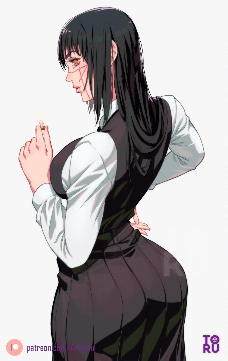 1girls, artist signature, arttoru, ass, black hair, breasts, chainsaw man, clothed, facial scar, female, huge ass, huge breasts, light skin, light-skinned female, long hair, slim waist, thighs, vertical stripes, watermark, yellow eyes, yoru (chainsaw man)