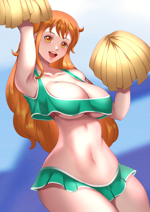 1girls breasts cheerleader cheerleader_uniform crop_top female female_only green_crop_top green_skirt haryu_(artist) haryudanto hypnosis large_breasts long_hair looking_at_viewer microskirt midriff mind_control nami navel one_piece orange_eyes orange_hair pom_pom_(cheerleading) pom_poms post-timeskip skirt tattoo tattoo_on_arm