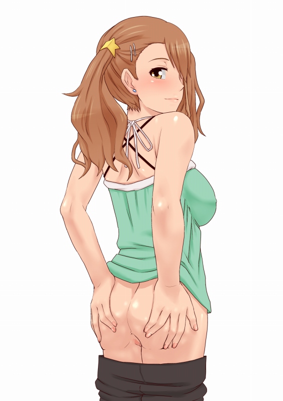 anohana:_the_flower_we_saw_that_day anus ass ass_grab bare_shoulders blush brown_hair censored clothing female female_focus hair_over_one_eye long_hair looking_back mooning naruko_anjou no_panties pussy solo soujun tied_hair twintails undressing