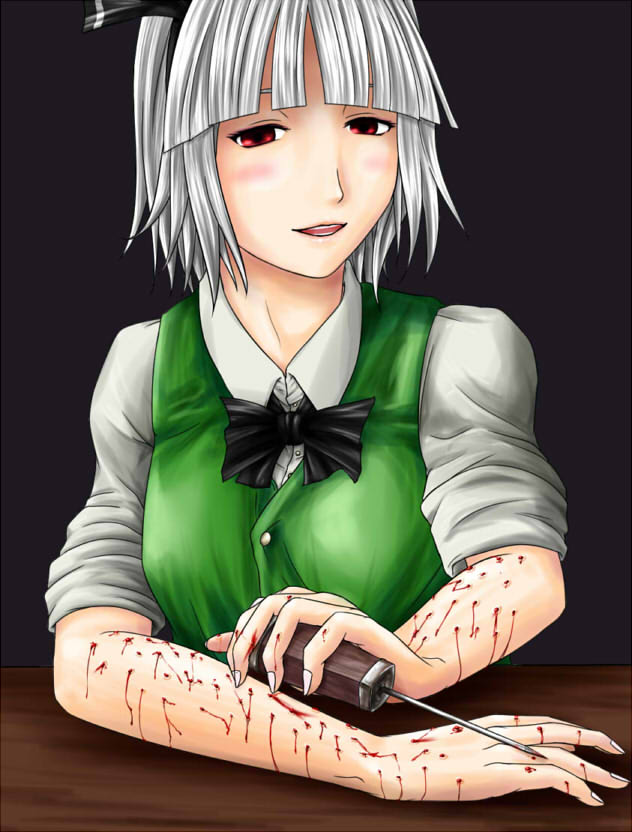 blood blush ice_pick red_eyes self_harm stabbing touhou white_hair youmu_konpaku