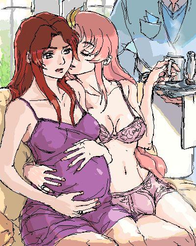 2girls bulge cup flay_allster futanari gundam gundam_seed holding_belly intersex jpeg_artifacts lacus_clyne lingerie lowres multiple_girls pink_hair pregnant red_hair underwear