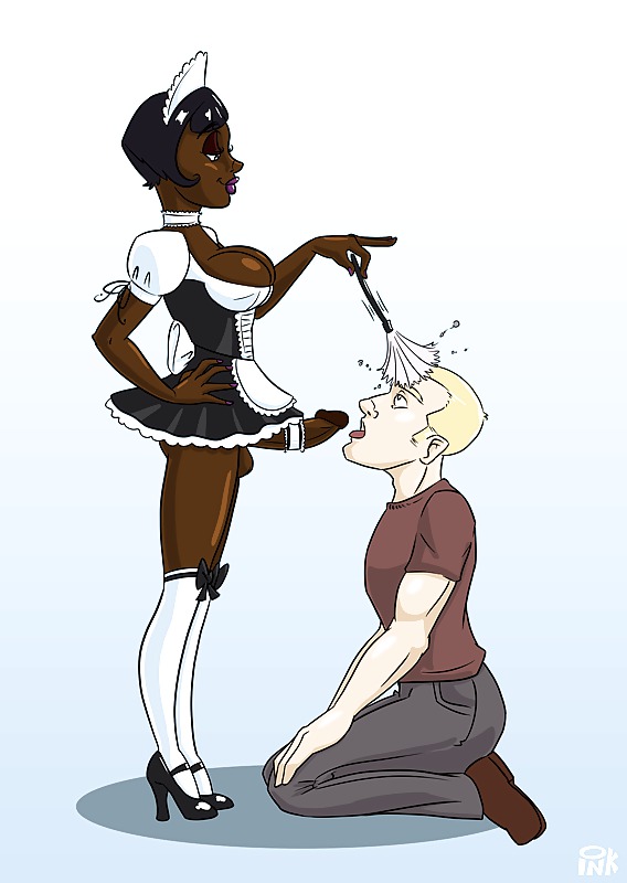 1boy, 1futa, dark skin, dark-skinned futa, dickgirl, futa on male, futa with male, futanari, inkstain, interracial, intersex, maid, male, malesub, western art