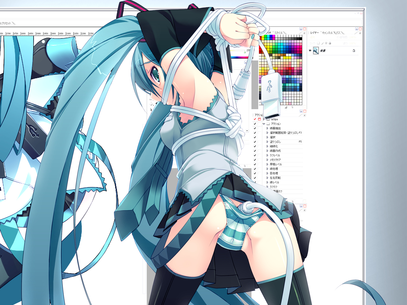 1girl, 1girls, anal, anal insertion, aqua eyes, aqua hair, armpits, arms up, ass, bdsm, bondage, bound, detached sleeves, female, hatsune miku, long hair, looking back, murakami suigun, necktie, panties, restrained, rope, sex toy, skirt, skirt lift, solo, striped, striped panties, thighhighs, twintails, underwear, very long hair, vocaloid