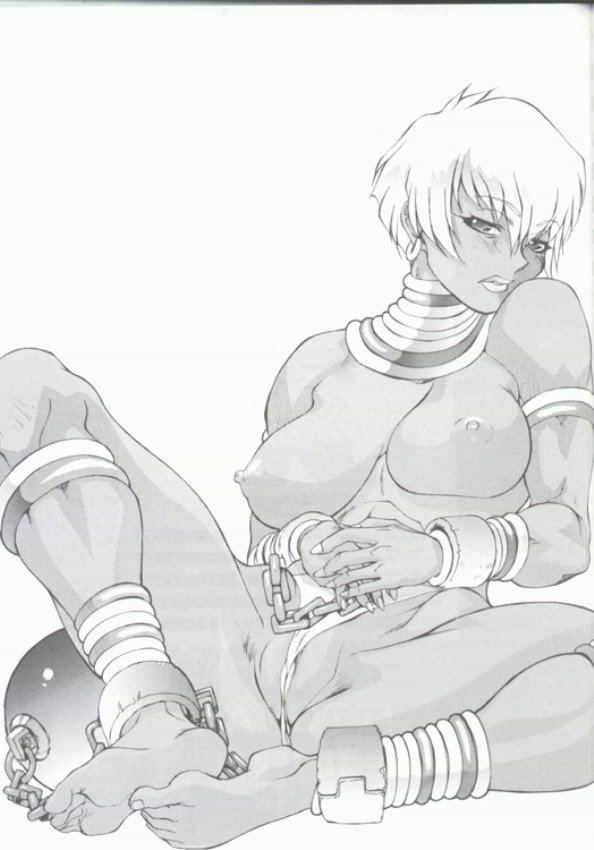 ball_and_chain barefoot breasts chains dark-skinned_female dark_skin doujinshi elena_(street_fighter) feet jewelry large_breasts lips monochrome muscle nipples pierre_norano pussy shackles short_hair soles street_fighter street_fighter_iii toes toluene_ittokan white_hair