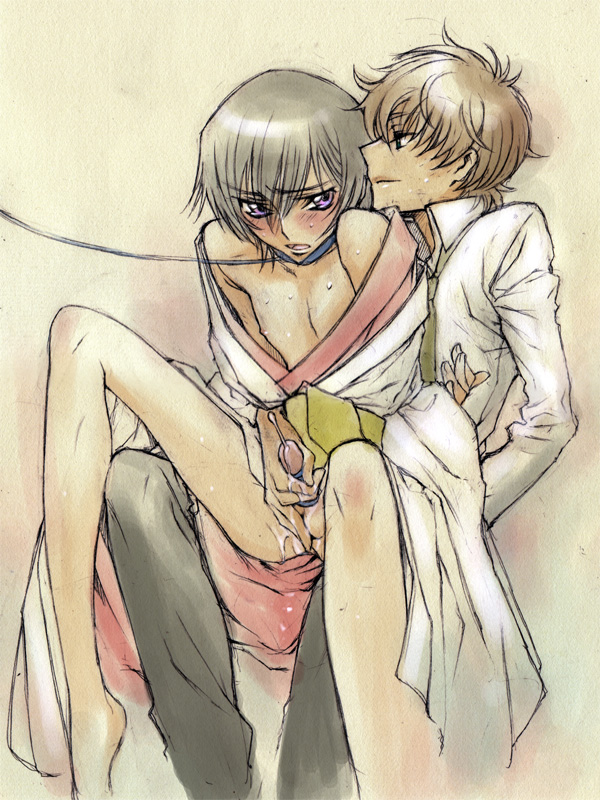 2boys asian_male barefoot bottomless clothed_sex cock_ring code_geass collar cum cum_on_body cum_on_self kururugi_suzaku leash lelouch_lamperouge male multiple_boys on_lap open_clothes open_shirt penis purple_eyes reach_around sitting tied_penis uncensored yaoi