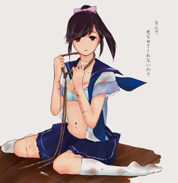 1girls black_hair blood bow bra brown_eyes clothing female female_only gore guro hair_bow human love_plus miniskirt navel noose open_shirt pink_bow razor red_eyes rope self_harm serafuku skirt small_breasts solo suicide takane_manaka underwear uniform wrist_cutting