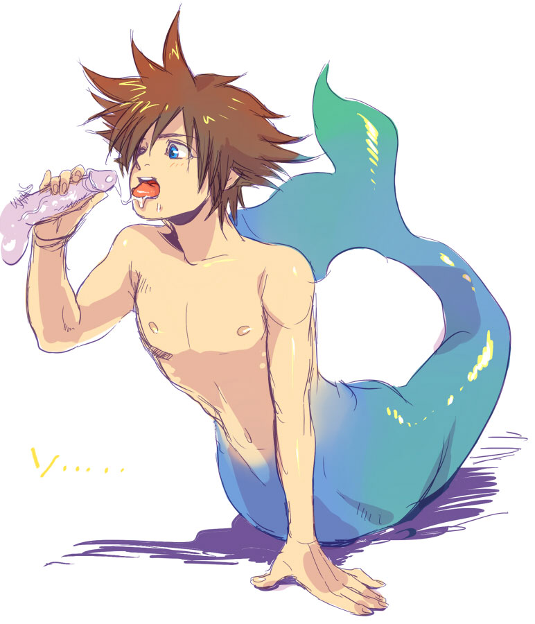 1boy, blowjob, brown hair, cum, cum in mouth, disembodied penis, disney, facial, fellatio, gay, handjob, kingdom hearts, male, male on male, male only, male/male, merfolk, merman, monster boy, nude, oral, penis, sora, sora (kingdom hearts), square enix, tongue, topless, uncensored, yaoi
