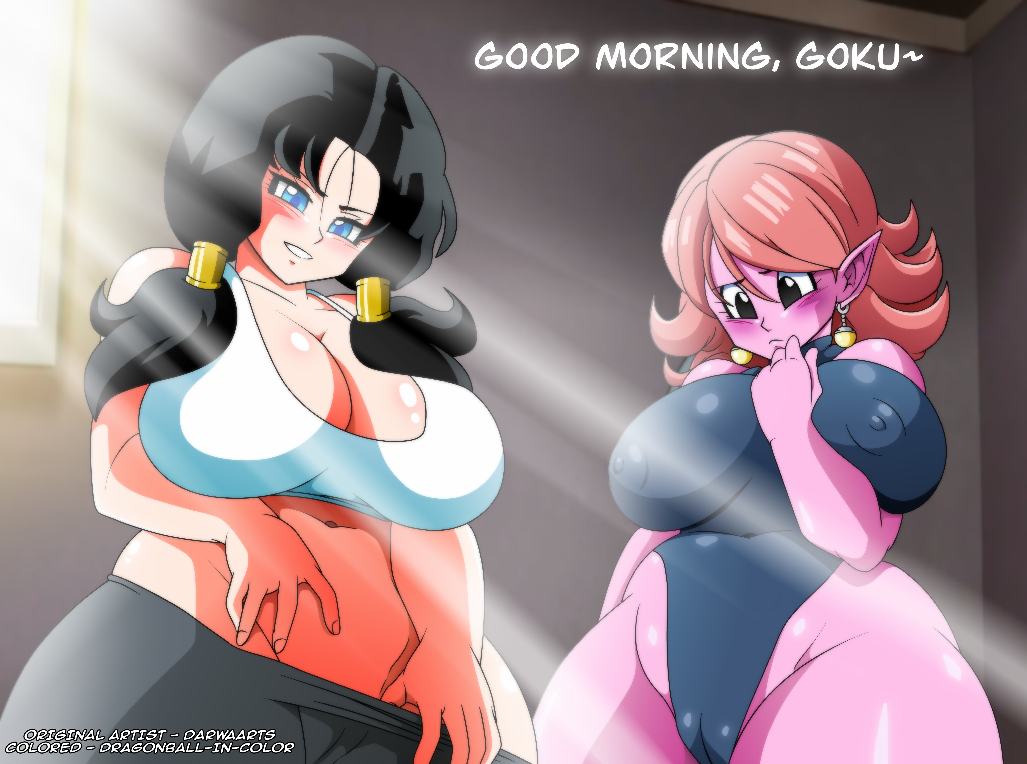 2girls, areolae, arm under breasts, arm up, bangs, big breasts, black eyes, black hair, black leotard, blue eyes, blush, breasts, cameltoe, chronoa, cleavage, clothes, color edit, colored, core person, curvaceous, curvy, darwaarts, dragon ball, dragon ball xenoverse, dragon ball z, dragonball-in-color, earrings, earthling, edit, embarrassed, english text, female, female only, hair over one eye, hand on waist, huge breasts, human, imminent sex, indoors, large breasts, leggings, legs together, leotard, light skin, light-skinned female, long hair, looking at viewer, looking down, multiple girls, navel, nipple bulge, nipples, offscreen character, orange hair, pink skin, pointy ears, potara earrings, pov, pulling down pants, pussy, shoes, shorts, shortstack, skin tight, skindentation, smile, standing, super dragon ball heroes, take your pick, tank top, text, thick thighs, twintails, undressing, videl, watermark, wide hips, yoga pants