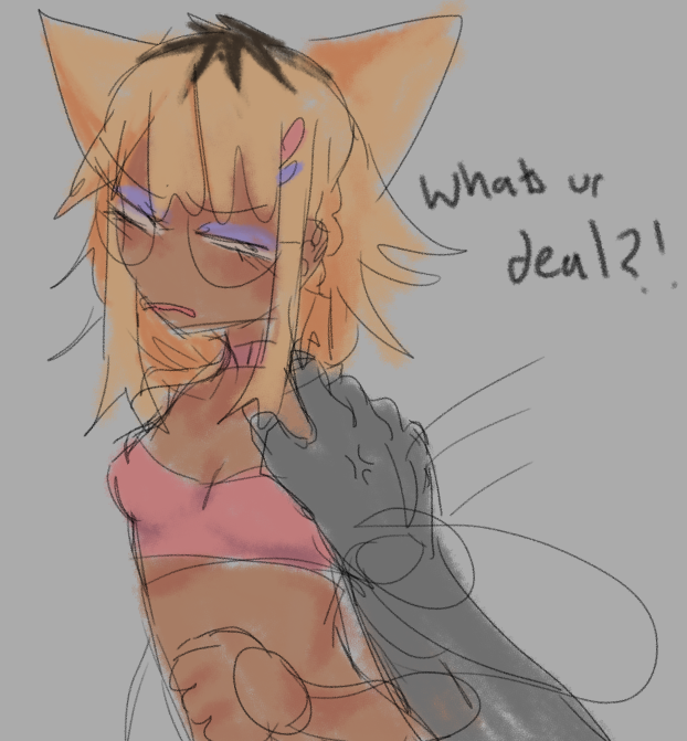 angry asking blonde_hair brown_skin cat_ears cat_tail catgirl chocker dialogue eyes_half_open fat_man female glasses gyaru hibi_(dustbinrat) makeup mean petite petite_body petite_female pink_bra pink_outfit pink_panties rough_sketch short_hair sketch slut slutty_outfit small_breasts ugly_bastard wagyu