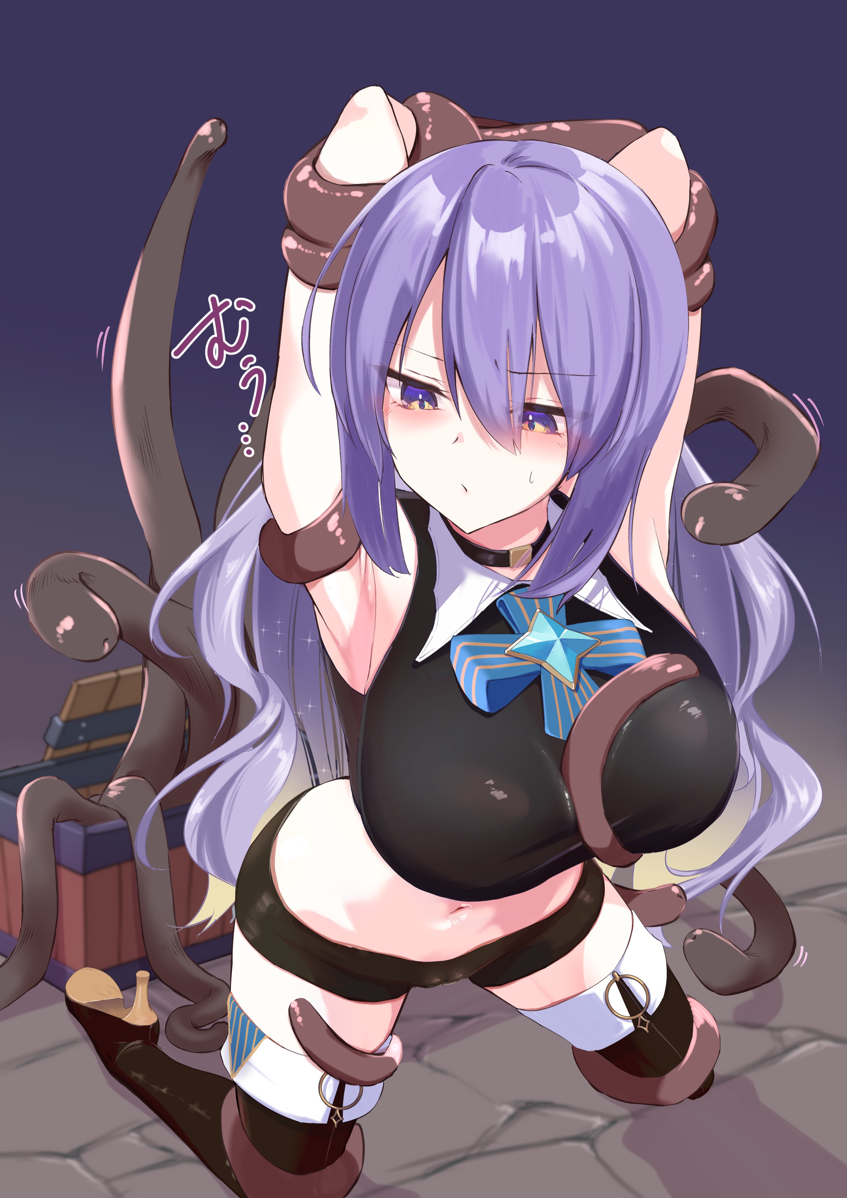 1girls, armpits, belly, blush, breast grab, breasts, female, fully clothed, hands tied, hololive, hololive indonesia, hololive indonesia area 15, large breasts, moona hoshinova, purple eyes, purple hair, rape, tentacle, tentacle rape, tight clothing, virtual youtuber
