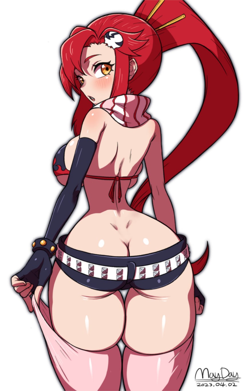 1girls, ass, ass cleavage, ass crack, booty shorts, butt crack, female, female only, hair ornament, light skin, light-skinned female, red hair, solo, solo female, solo focus, tagme, tagme (artist), tengen toppa gurren lagann, thick thighs, thighhighs, white background, yellow eyes, yoko littner