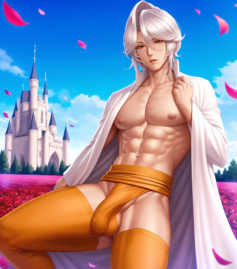 1boy ai_generated barely_visible_genitalia bulge bulge_through_clothing castle flaccid kimono male_focus male_only muscles muscular muscular_male sakura_petals white_hair