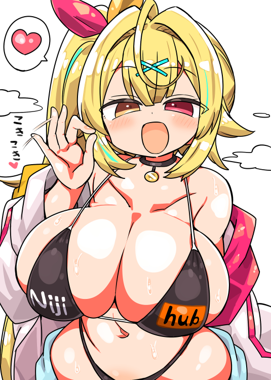 1girls belly_button big_breasts bikini blonde_hair blowjob_gesture breasts cleavage cleavage_overflow coat collar collarbone fellatio_gesture female female_only hair_ornament hair_ribbon hairclip half-dressed heterochromia hoshikawa_sara japanese_text kanikama large_breasts navel nijihub nijisanji red_eyes simple_background standing text thong thong_bikini upper_body virtual_youtuber white_background yellow_eyes yellow_hair