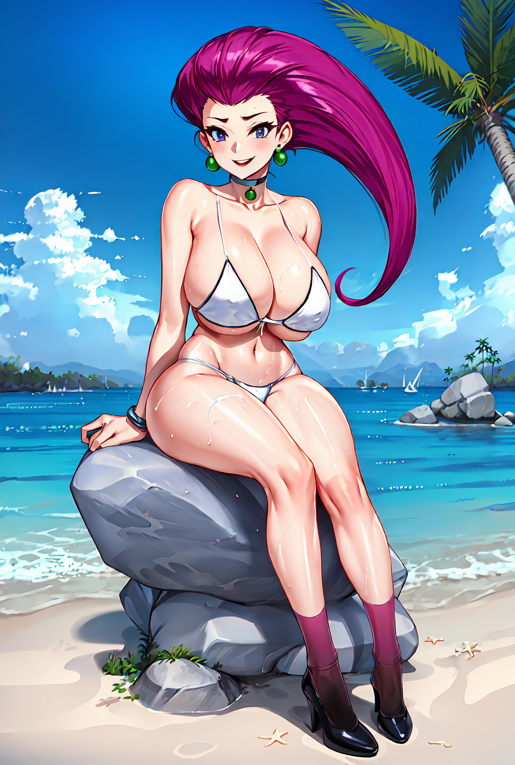 1girls, ai generated, big breasts, bikini, breasts, curvy, curvy female, curvy figure, female, hi res, high heels, huge breasts, jessie (pokemon), legwear, long hair, mature female, older female, pink hair, pokemon, pokemon (anime), seductive look, socks, solo female, stable diffusion, voluptuous female