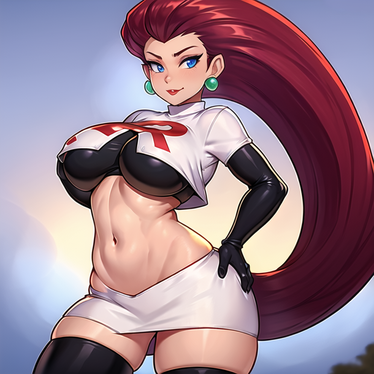 abs, ai generated, audiostick, blue eyes, breasts, cleavage, earrings, female, gloves, hand on hip, jessie (pokemon), large breasts, long hair, microskirt, pokemon, pokemon rgby, red hair, skirt, smile, stable diffusion, tank top, thick thighs, thighhighs, underboob, wide hips