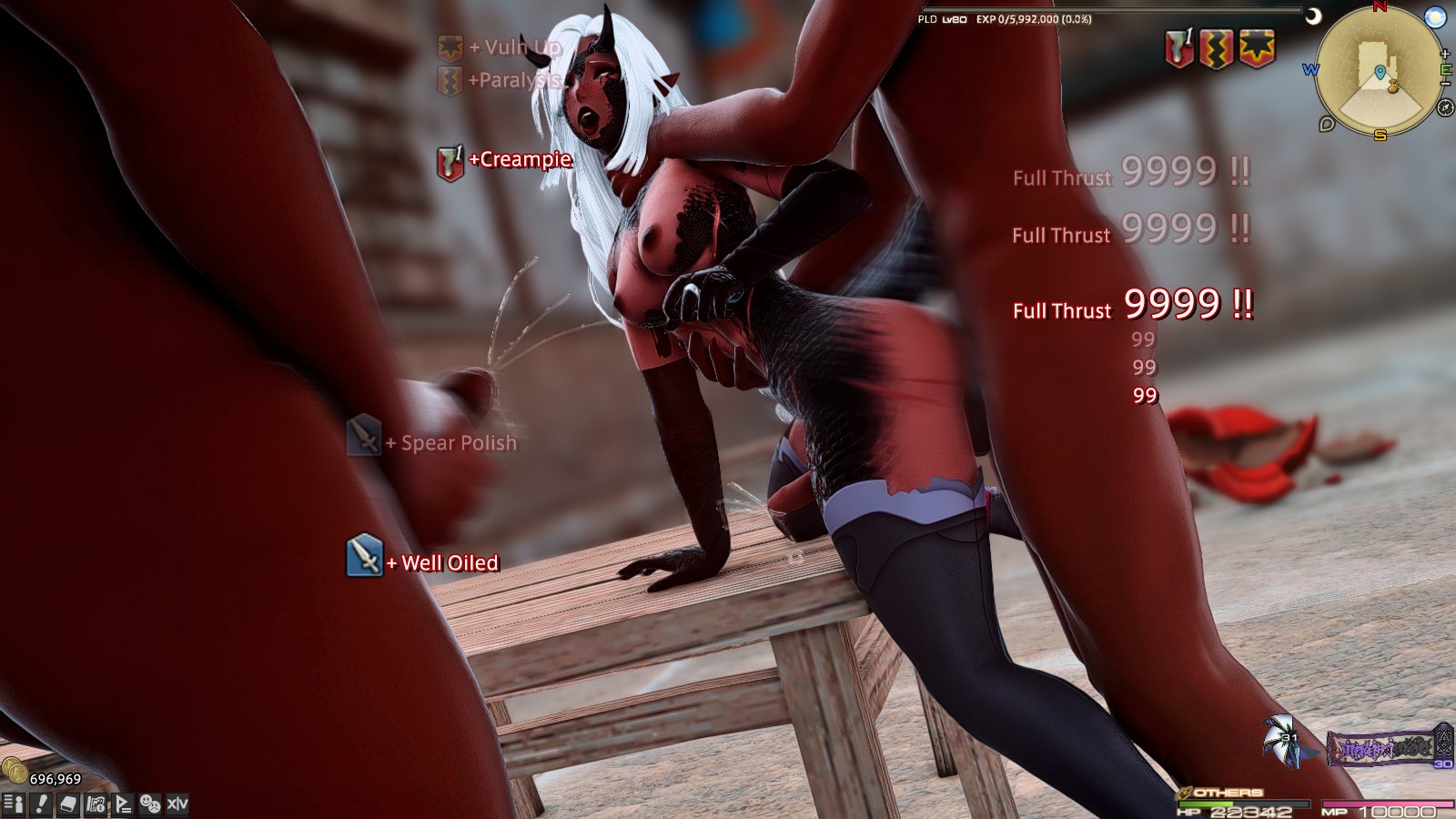 3d, cum, cum in pussy, cum inside, cumming, damage numbers, debuff, final fantasy, final fantasy xiv, from behind, futanari, game mechanics, gameplay mechanics, gpose (ffxiv), grabbing, horn, hud, intersex, male, male on futa, masturbation, nayuissleepy, nayuxiv, oni, orgasm, pussy, red skin, standing, status effect, tagme