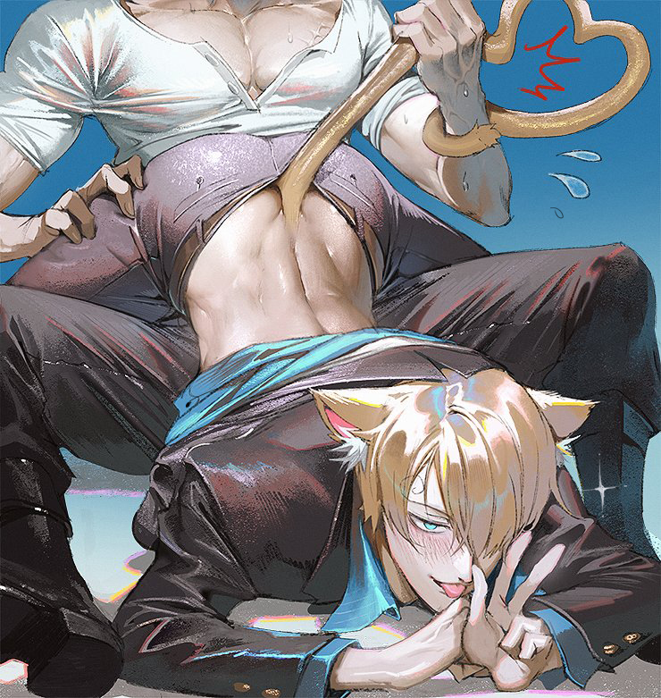 ass, ass up, blonde hair, blush, cat boy, cat ears, cat tail, catboy, fully clothed, gay, hair over one eye, jack-o pose, looking at viewer, male, male only, nori31291404, one piece, roronoa zoro, shirt up, smile, spread legs, suit, sweat, tail grab, tongue, tongue out, v, vinsmoke sanji, yaoi