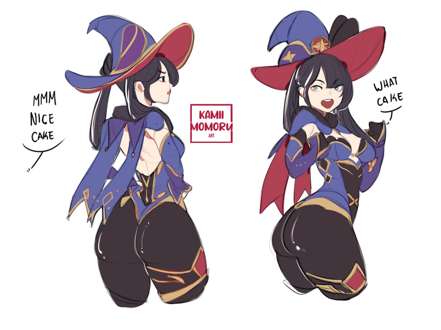 ass, ass focus, black hair, dialogue, digital drawing (artwork), digital media (artwork), female, flirting, genshin impact, kamii momoru, leggings, light skin, light-skinned female, mona (genshin impact), solo, video games, white background, witch costume, witch hat