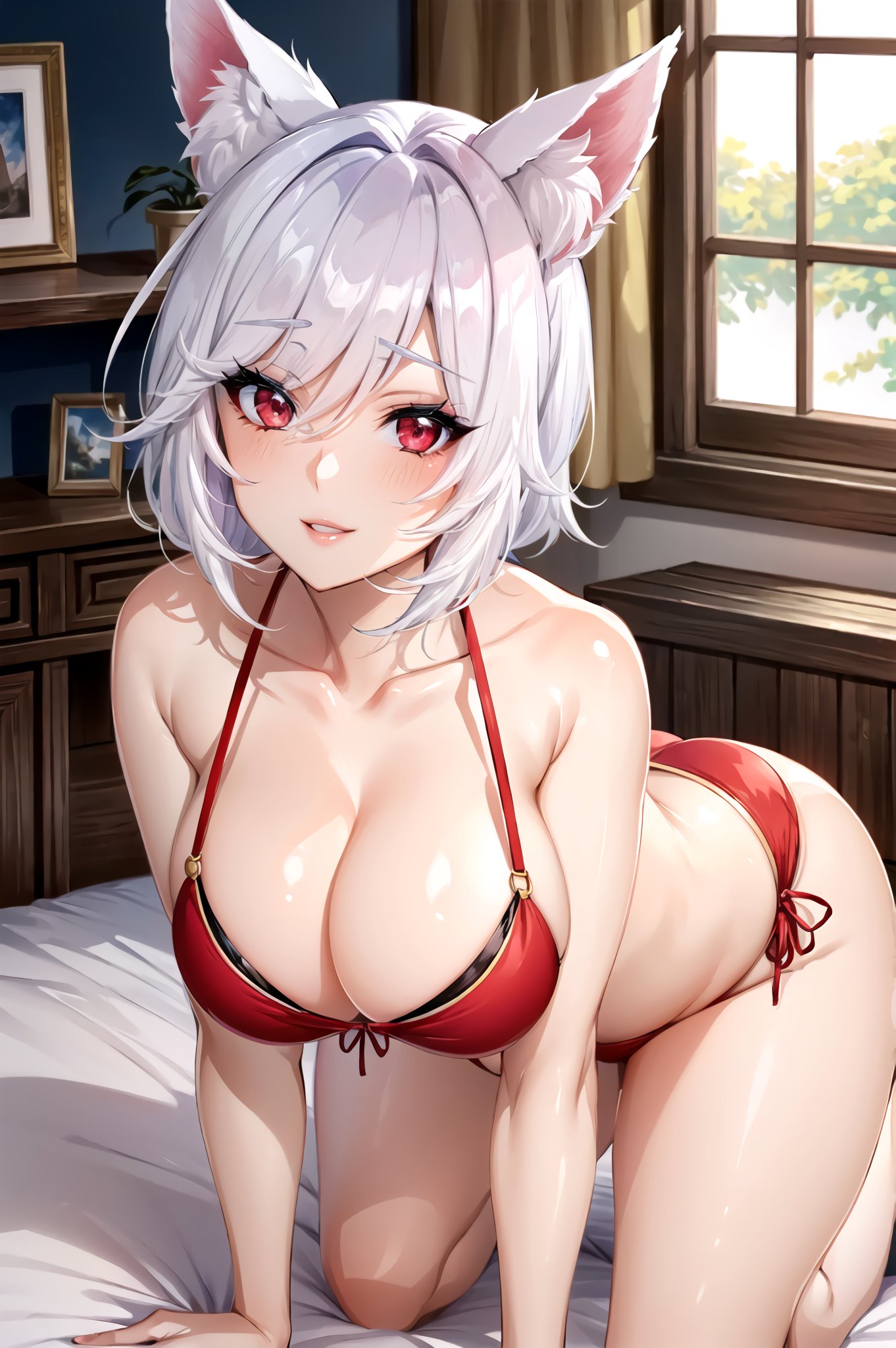 1girls, ai generated, animal ears, bikini, breasts, cat ears, cat girl, catgirl, curvaceous, curvy, curvy body, curvy female, curvy figure, female, highres, huge breasts, lingerie, looking at viewer, medium hair, seductive look, short hair, stable diffusion, swimsuit, underwear, white hair